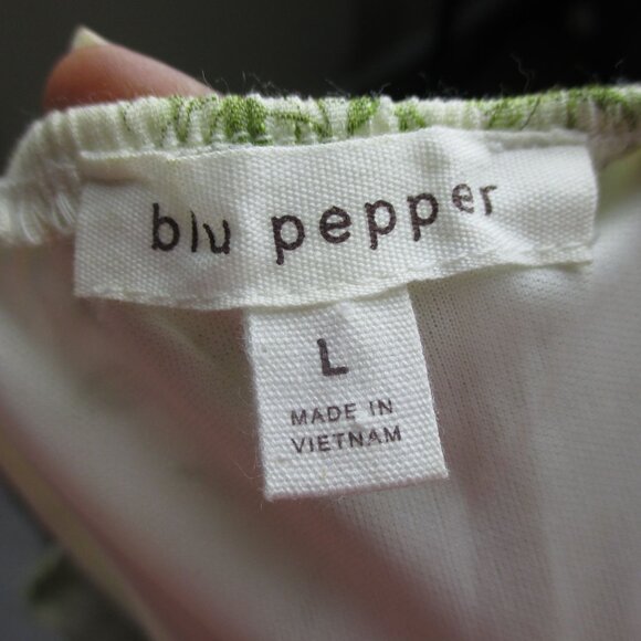 Blu Pepper Dress Square Neckline Ivory Green Floral Puff Sleeve Size L Cottage - Picture 5 of 6